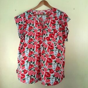 2 Haute Short Sleeve Casual Blouse 2XL White w/Red and Green Flowers